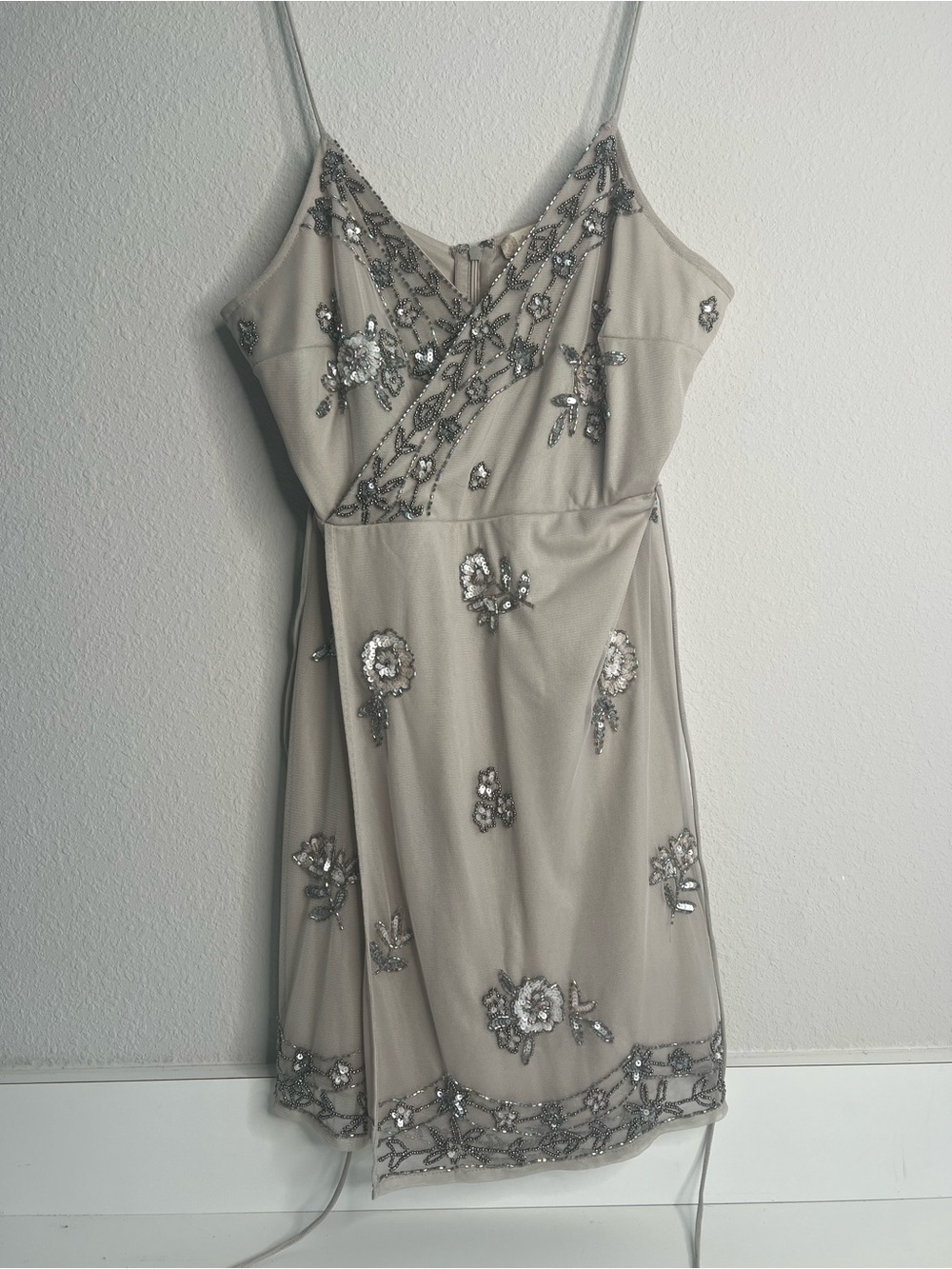Altar'd State Light Beige Beaded Spaghetti-Strap Mini Dress